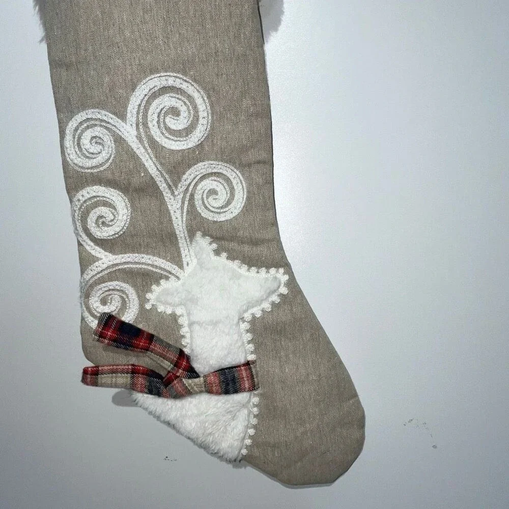 Ridgefield Home Beige White Reindeer Faux Fur Trim Holiday Christmas Stocking